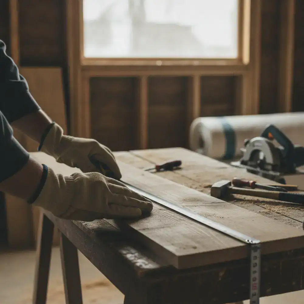 Hands measuring a piece of wood for a renovation project