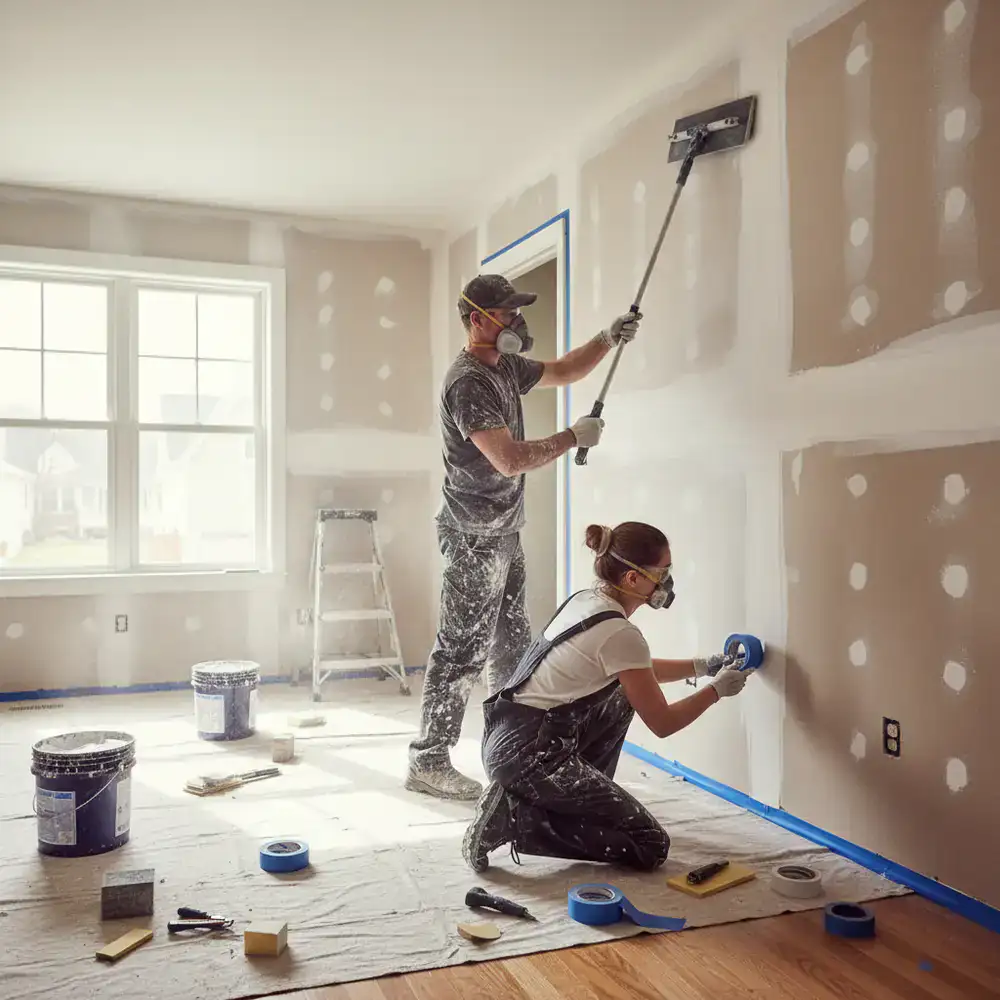 Sanding and taping walls before interior painting