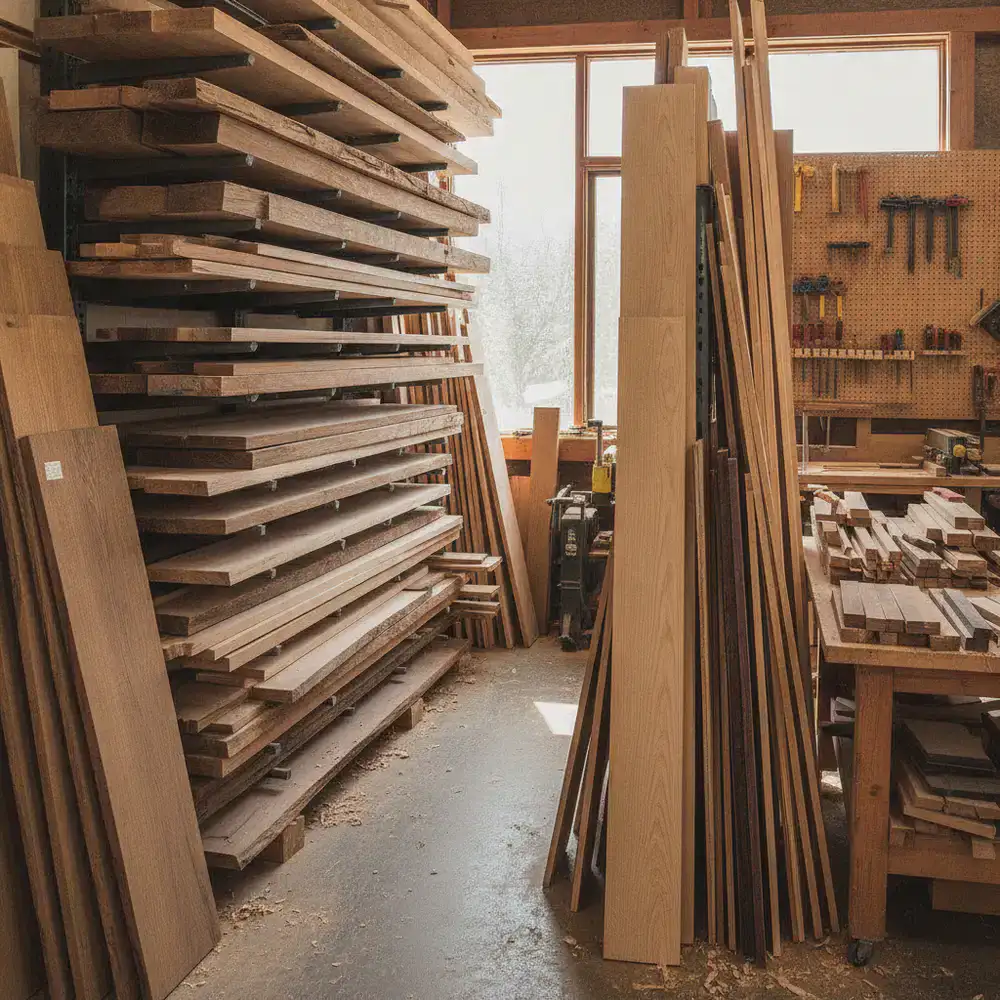 Various types of lumber stacked in a workshop