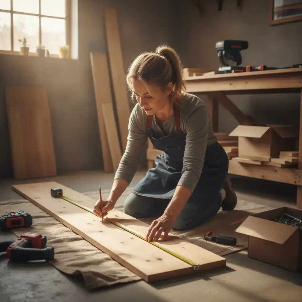 A homeowner confidently measuring wood for a DIY shelving project