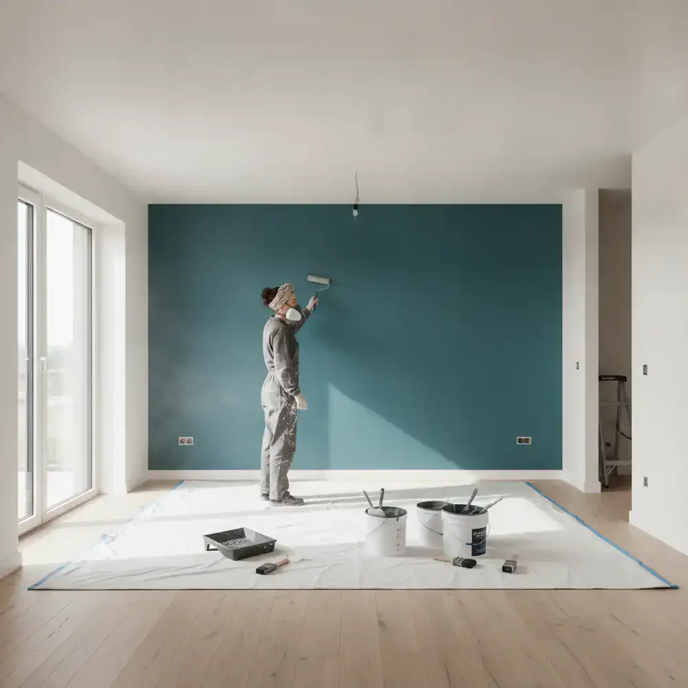 A homeowner painting a newly built living room accent wall