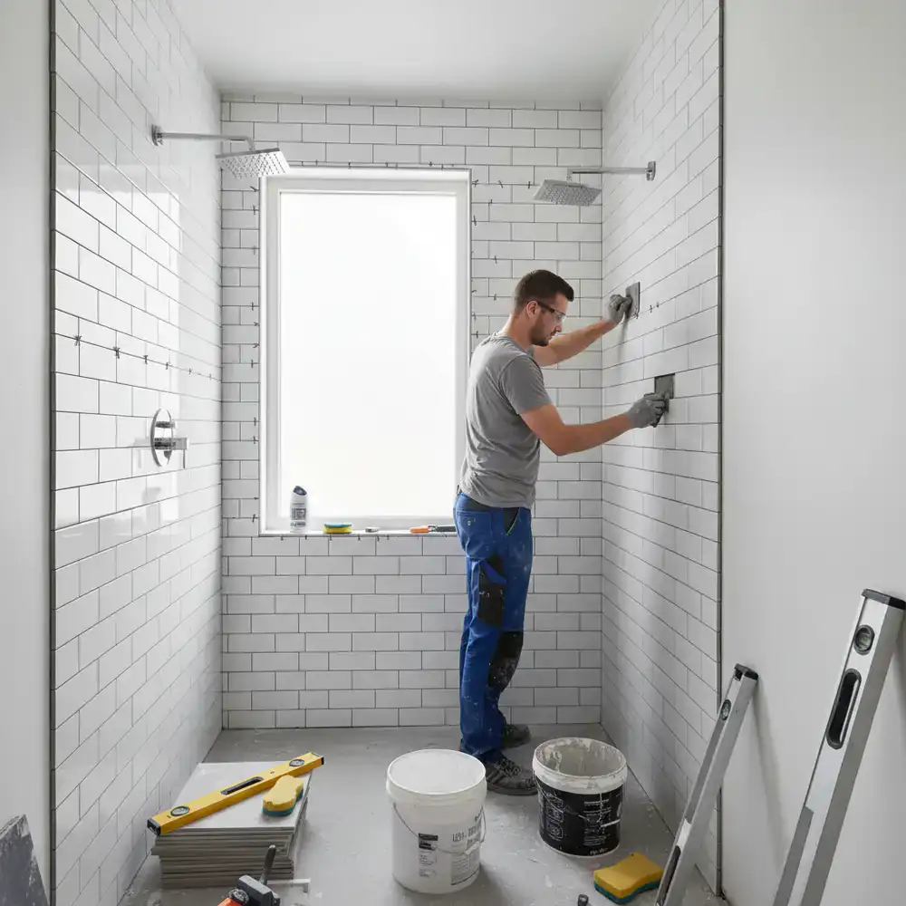 White subway tile being installed in a modern bathroom shower