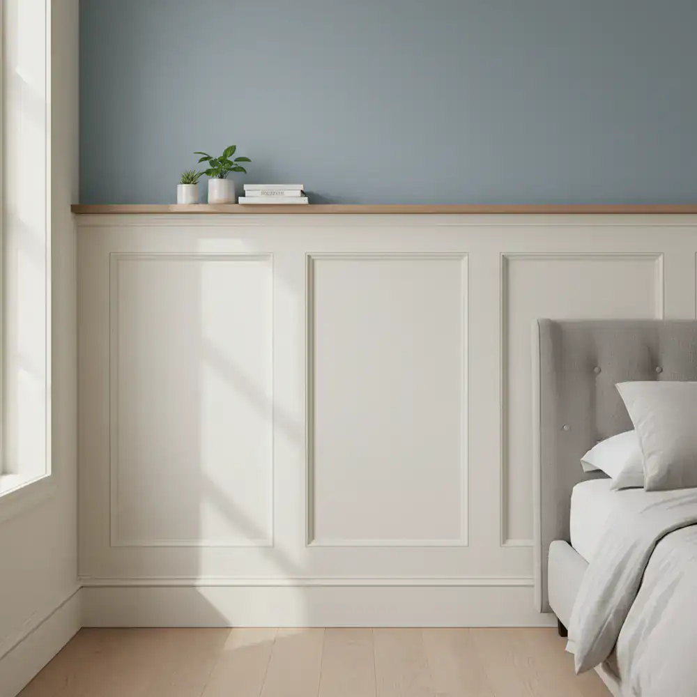 Bedroom wall with new decorative wainscoting paneling