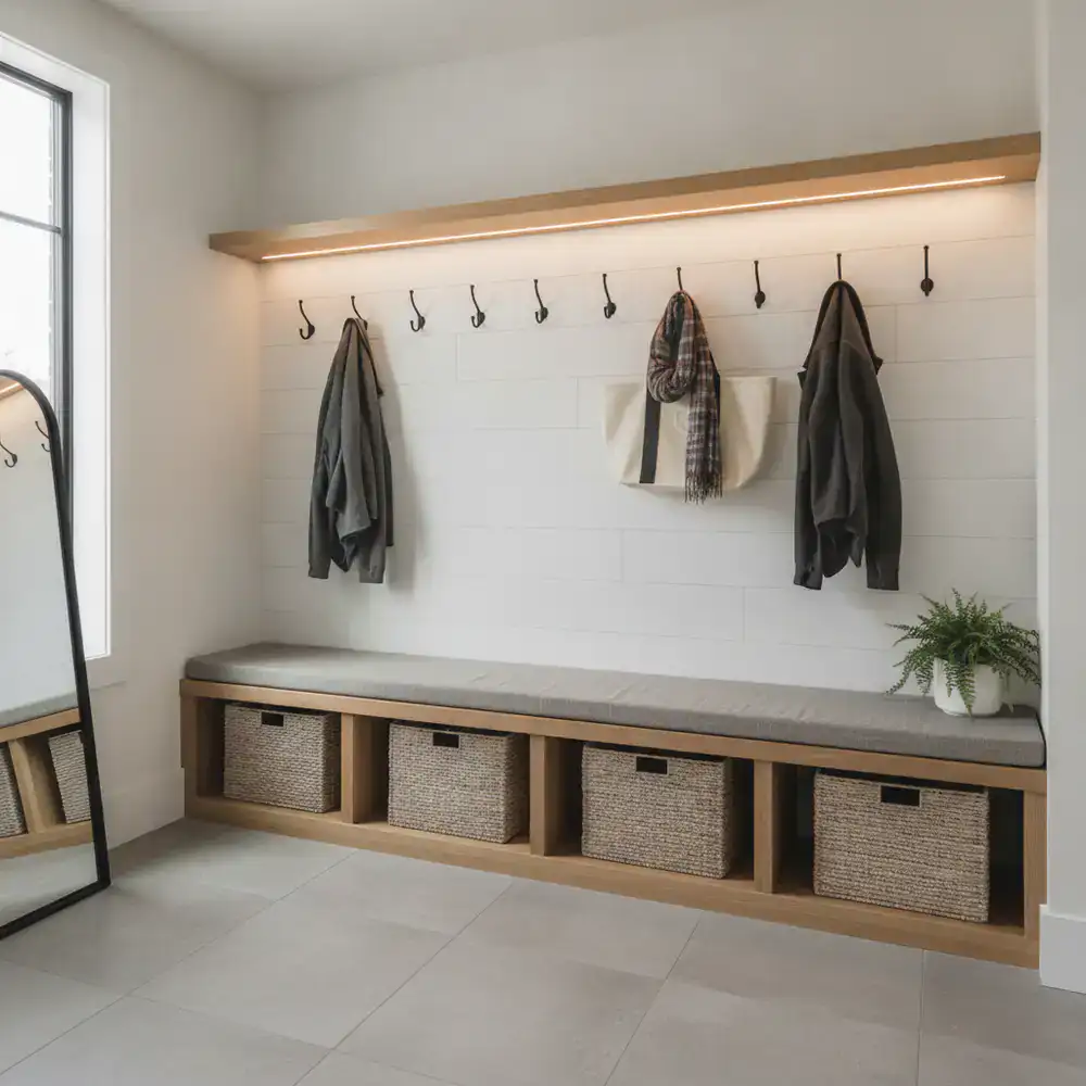 Custom built-in entryway bench with coat hooks