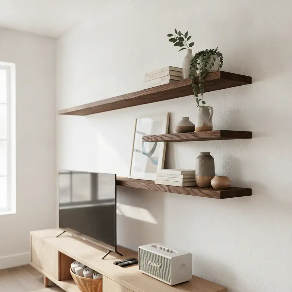 Custom dark wood floating shelves installed above a living room console