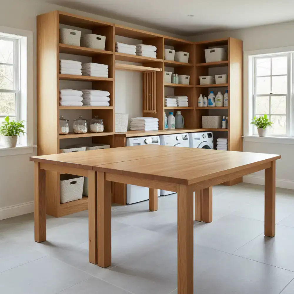Laundry room upgraded with built-in wooden shelving and folding tables