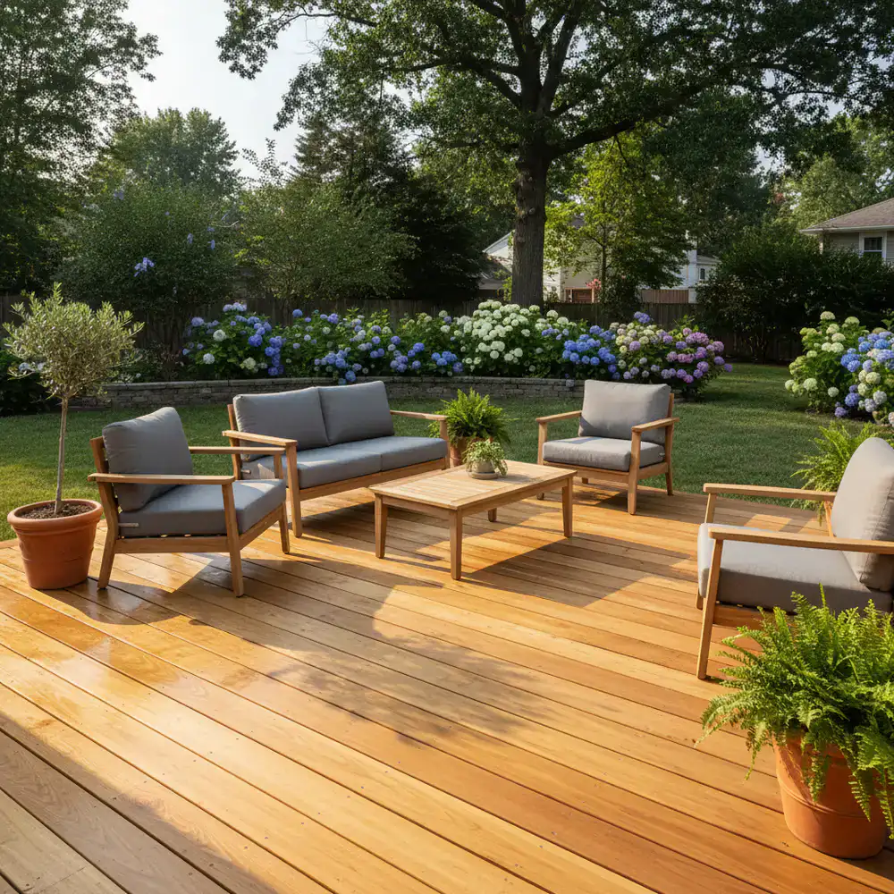 Newly restored wooden patio deck in a backyard