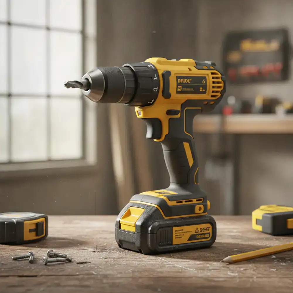 A heavy duty cordless drill on a workbench