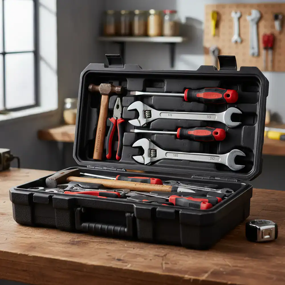 Basic hand tools organized in a sturdy black toolbox