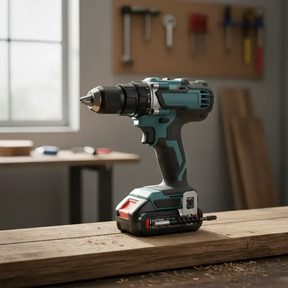 Close up of a modern cordless drill resting on a wooden plank