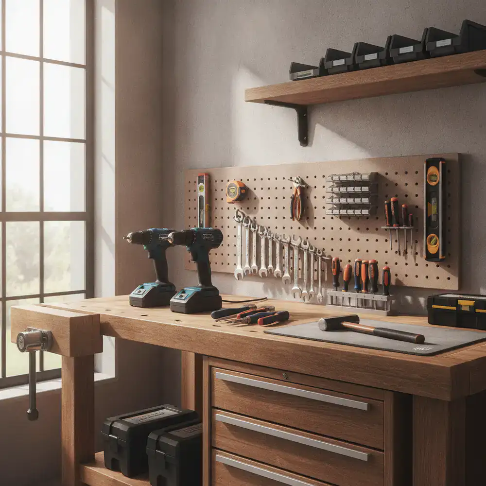 A well-organized workbench with power drills and hand tools