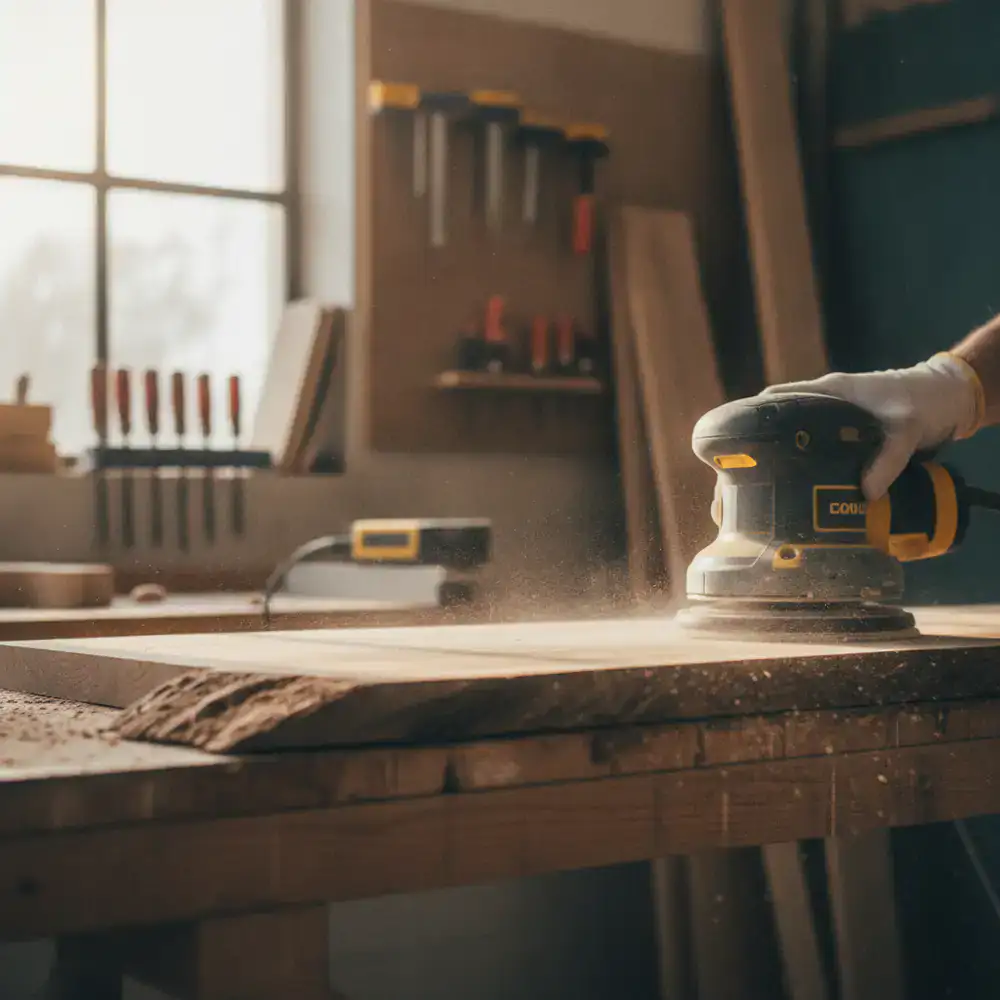Woodworking sander smoothing a raw timber surface